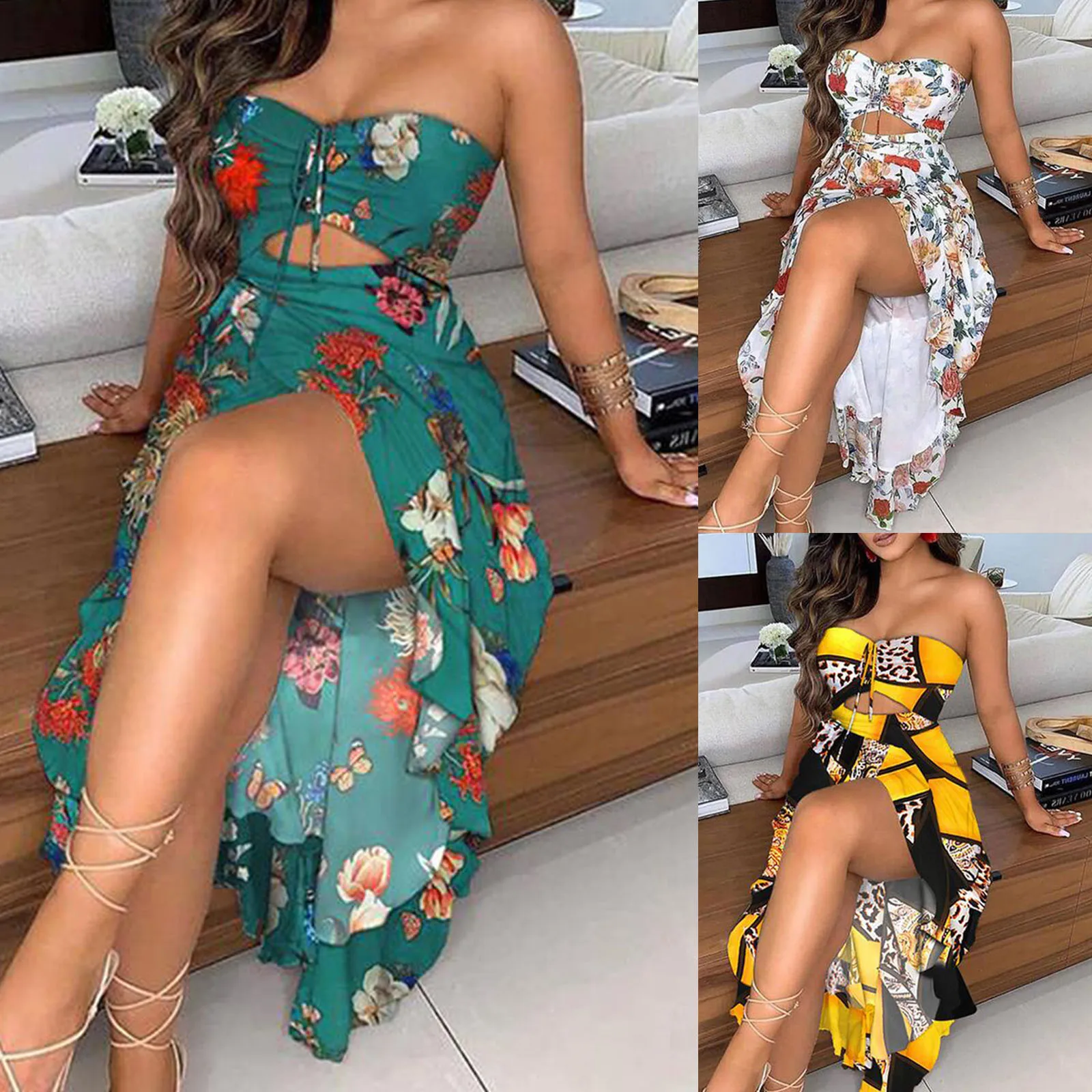 

Women Bohemian Sexy Sleeveless Tube Top Full Skirt Printing Dress Suit vestido de mujer summer dress платья для женщин