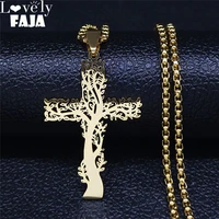 cross tree of life stainless steel chain necklaces for women gold color pendant necklace jewelry cadena de oro hombre nxs02