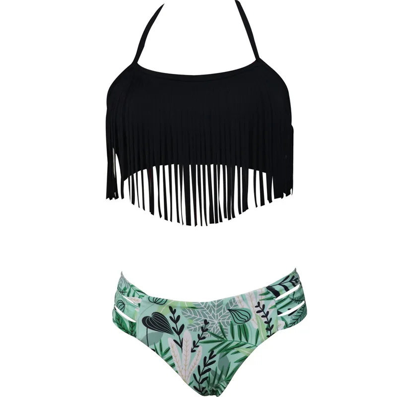 

Bikini Colthing New Fashion Printed Waist Bikini Fringed Split Sexy Swimsuit High Waist Split Swimsuit