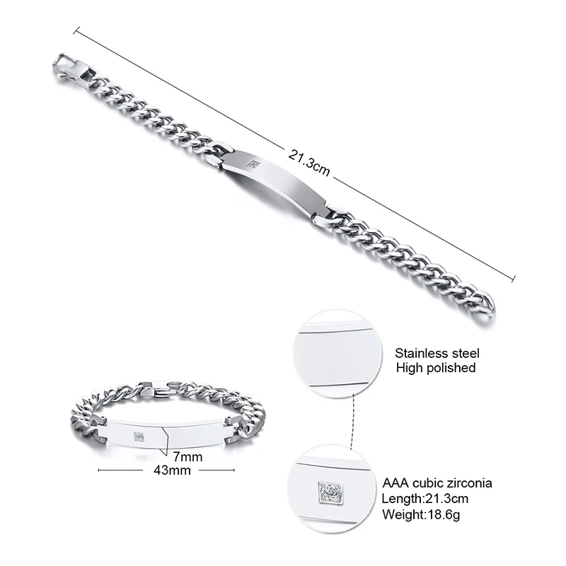 Vnox бесплатный персонализированный ID браслет для мужчин AAA CZ камень нержавеющая