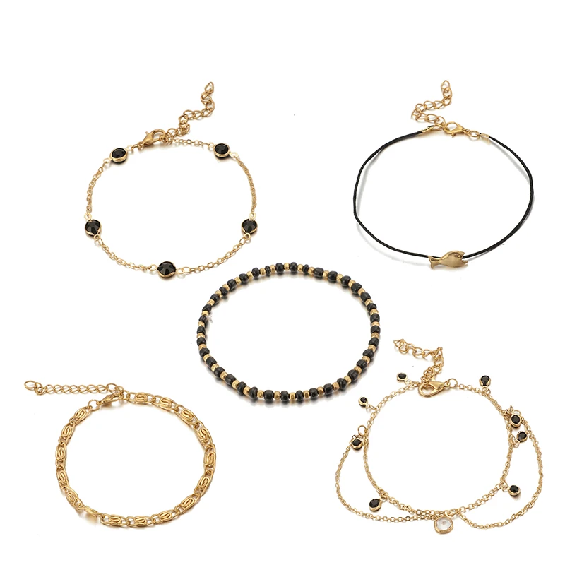 Docona Boho золото Цвет рыбы черный многослойный, с бусинами ножной браслет набор для Для женщин Регулируемая Ножка цепи Tobillera 5 шт./компл. 8540