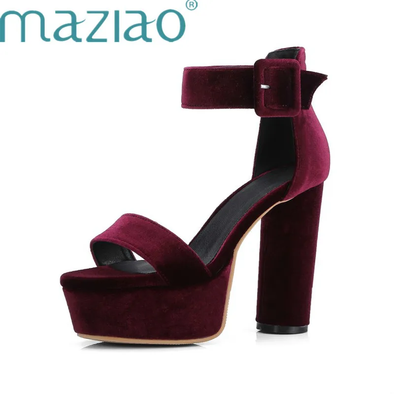 Женские бархатные сандалии MAZIAO элегантные босоножки на толстом высоком