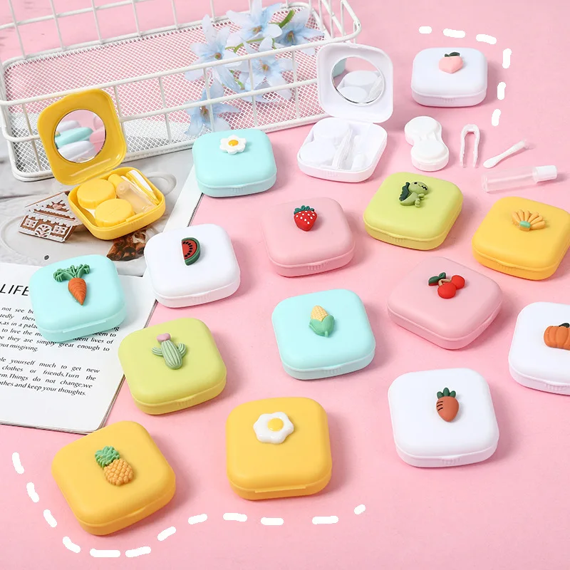 

NEW Mini Square Contact Lens Case with Mirror Women Contact Lenses Box Cute Cartoon Fruit Eyes Lenses Case Container Travel Kit
