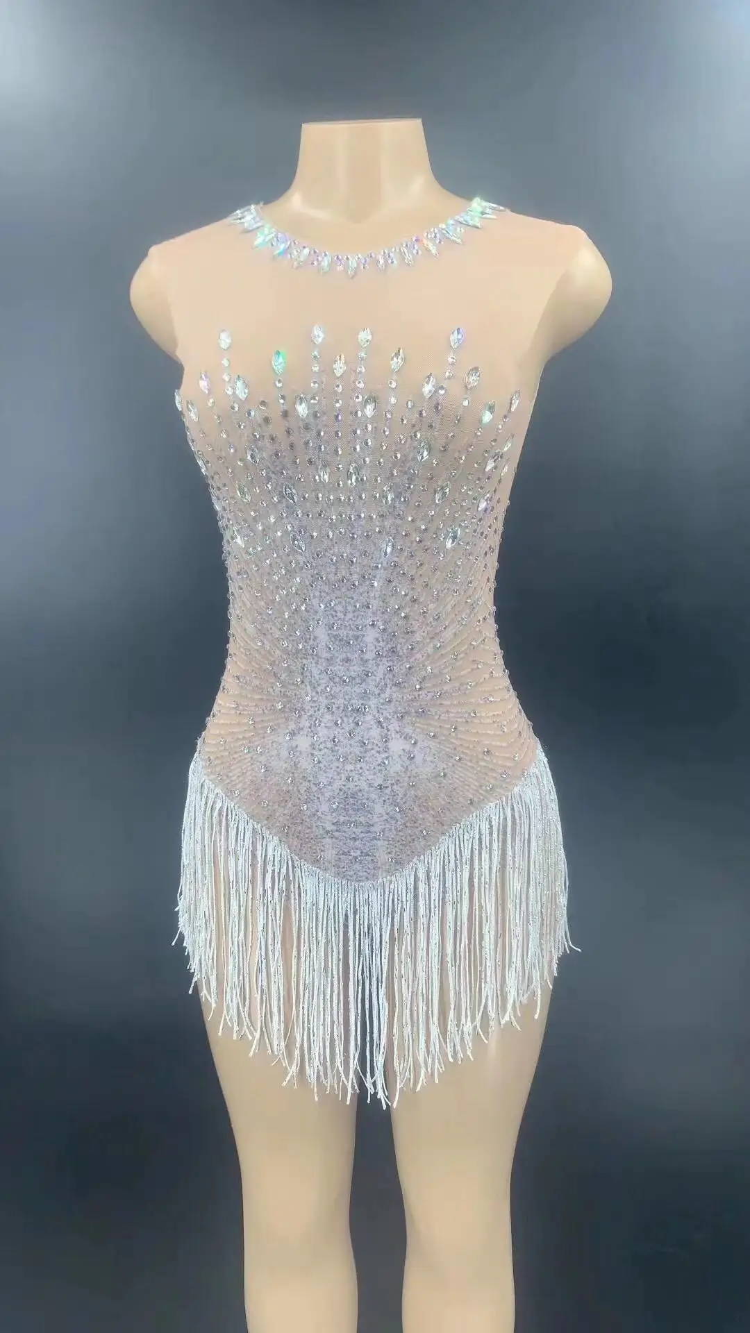 Silver Rhinestone White Fringe Transparent Bodysuit Women Dancer DS Club Outfit Birthday Celebrate Prom Outfit