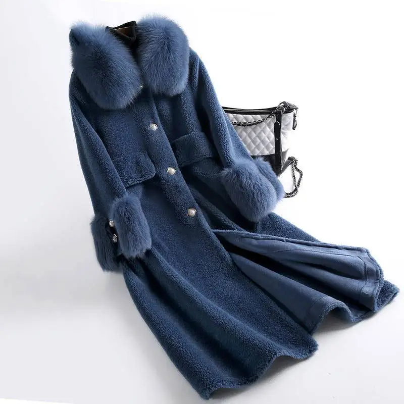 

2019 New Winter Women Natural Sheep Shearing Fox Fur Slim Jacket Female Casual Single Breasted Thick Warm Long Coat Chaqueta J64