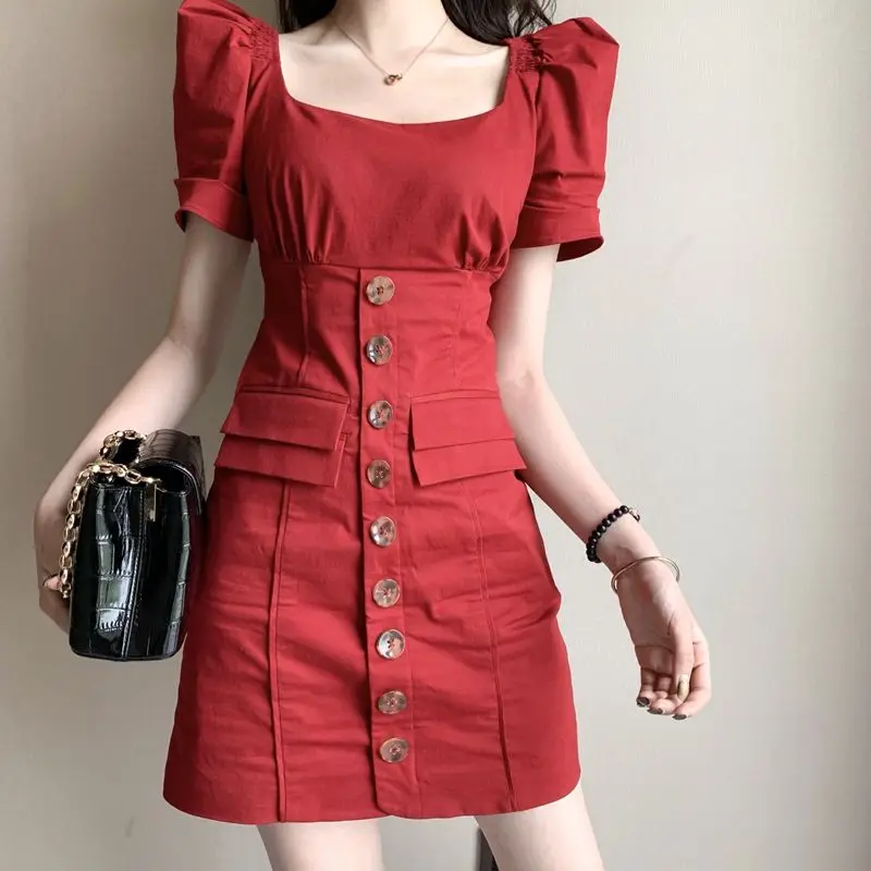 

Women 's Dress 2021 Summer Youth Solid Color Square Collar Puff Sleeve Single-Breasted Slim Fit A- Line Dress