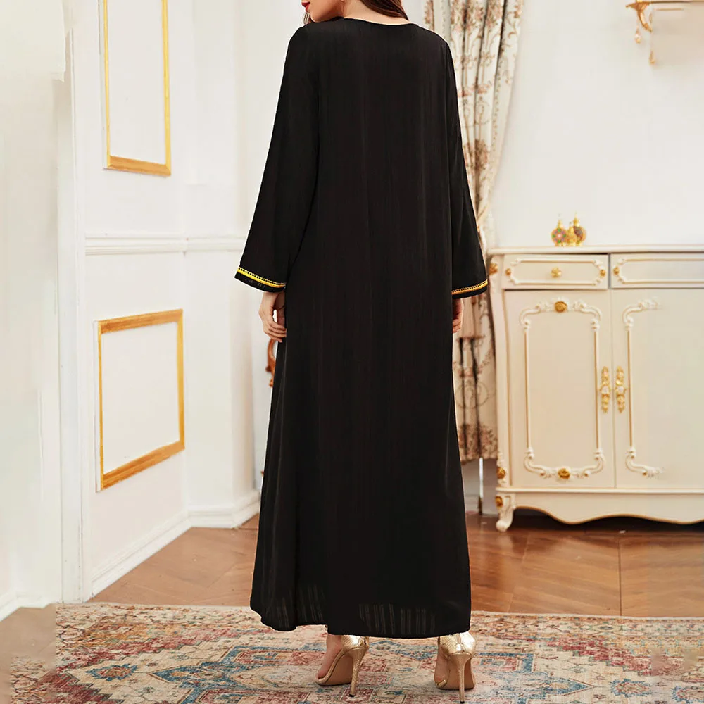 

Women's O Neck Long Sleeve Fashion Black Solid Color Ethnic Embroidery Patchwork Robe Dress 2021 Long Robe Female Dresses