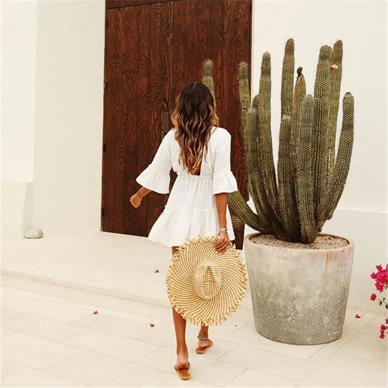 

2021 Sexy V-Neck Summer Beach Dress White Tunic Women Beachwear Bikini Cover-ups Sarong plage Bathing Suit Cover Up Q840