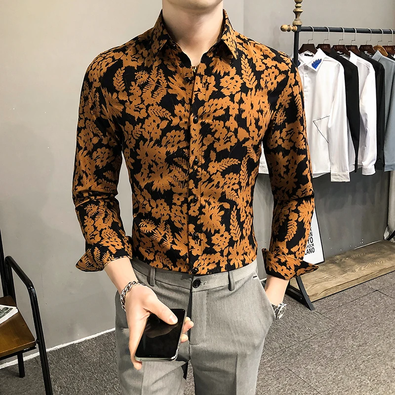 

2021 new style Men's spring casual oure cotton long-sleeved shirts/Male slim fit floral lapel Business shirt Plus size S-4XL