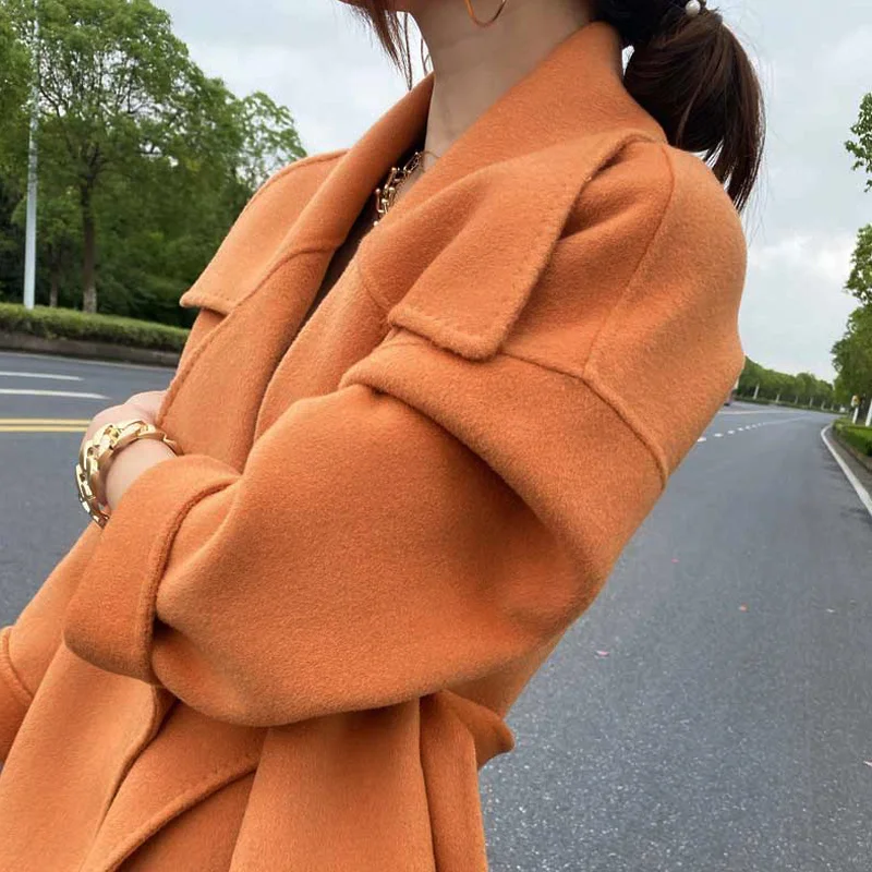

High end double-sided tweed coat women's 2021 new medium length over knee and ankle loose double-sided cashmere orange tweed