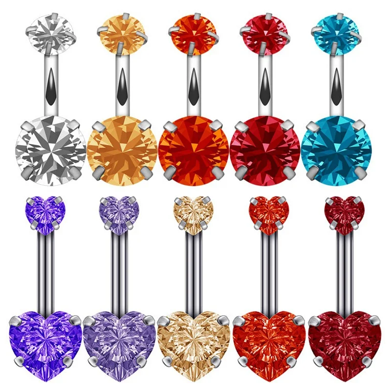 

Sexy Dangling Navel Belly Button Ring Oreja 14G Double Round Heart Cubic Zirconia 316L Surgical Steel Belly Piercing Jewelry