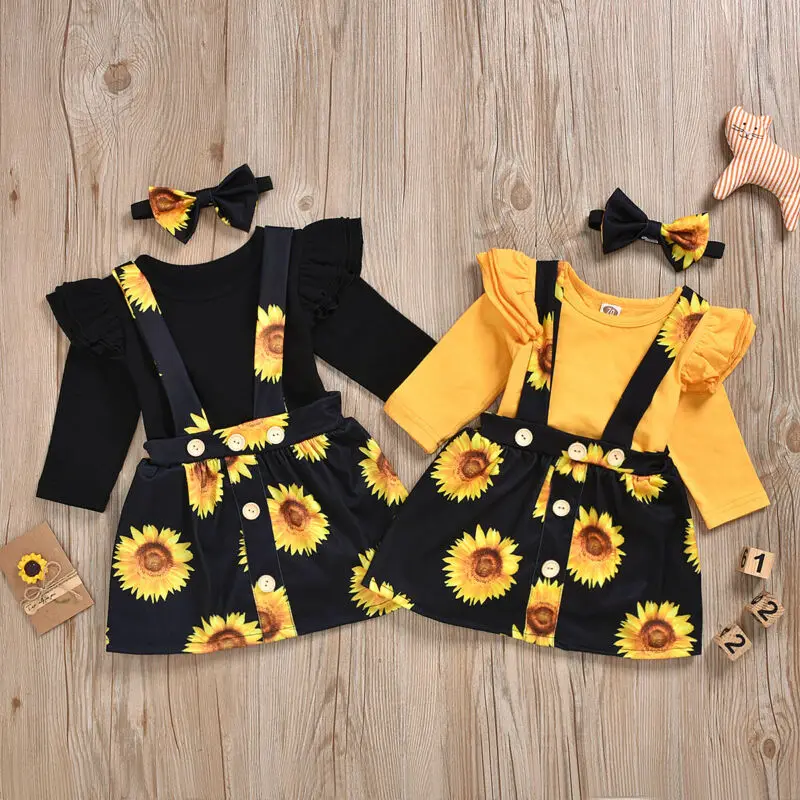 

Baby Girls New Fashion Sunflower Floral Romper Toddler Bib Dress Newborn Headband Outfits Girl Sundress Clothes Set