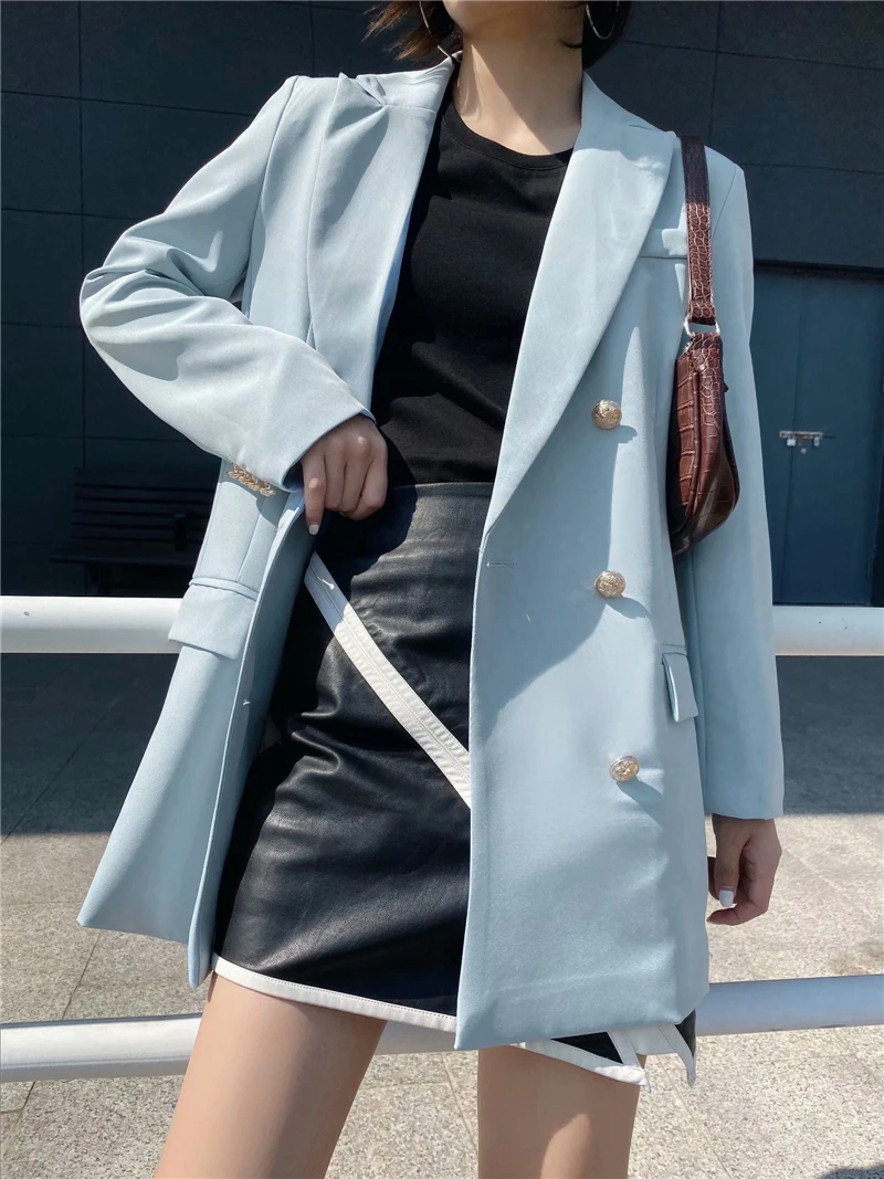 

TMODA559 Za Women 2021 Fashion Office Wear Double Breasted Blazer Coat Vintage Long Sleeve Pockets Female Outerwear Chic Tops