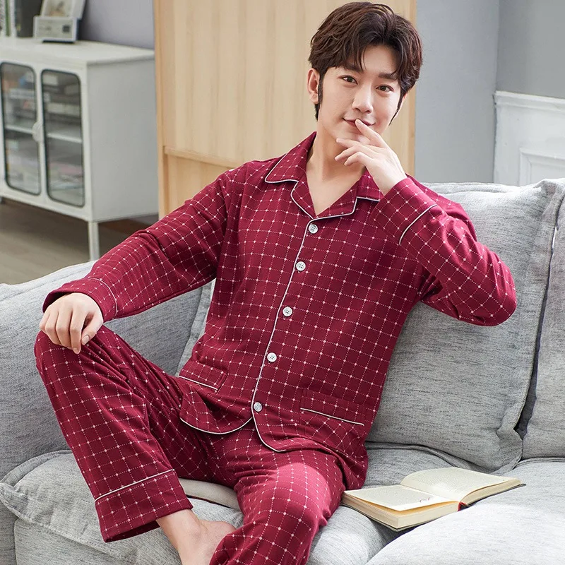 

2020 men's 100% long sleeve cotton pajamas set, printed pajamas, household products