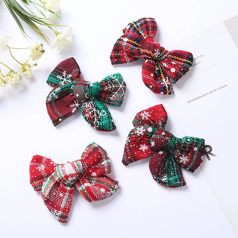 

1pc 2022 Holiday Hair Accessories Christmas Series Creative Children's Cloth Printed Bow Hair Clips Cute Bow Check Hair Clips