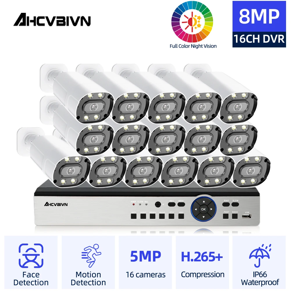 

H.265 4K 16CH AHD DVR Ourdoor Colorfull Night Motion Detection Security System Set 5MP CCTV Video Surveillance Camera System Kit