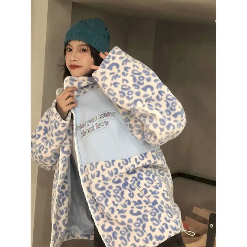 

Preppy Jacket Women Leopard Lamb Plush Coat Zipper Autumn Winter Korean High Street Chic Grunge Loose Cotton Coat Female Tops