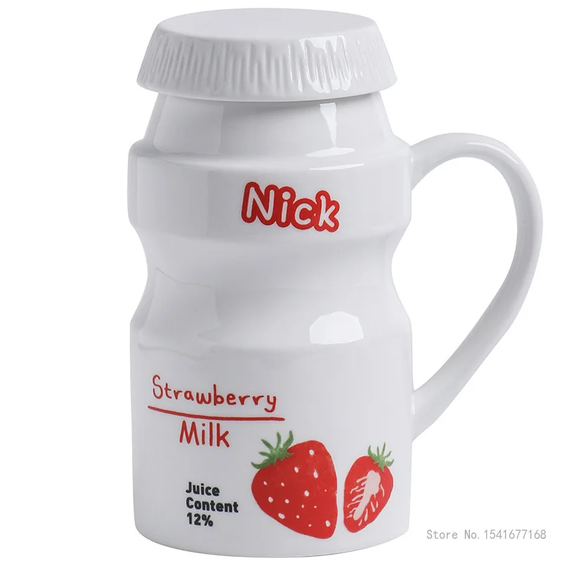 Ceramic Mug Juice Cup Yakult Cartoon Cute Water With Lid And Handle Strawberry Orange Avocado Grape Pattern Yogurt | Дом и сад