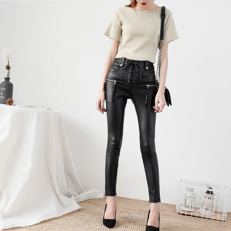 PU Design Leather Bandage Slim Fit Pants Women European Style Punk Leather Pantalon Autumn Side Zipper Red Black Trousers Female