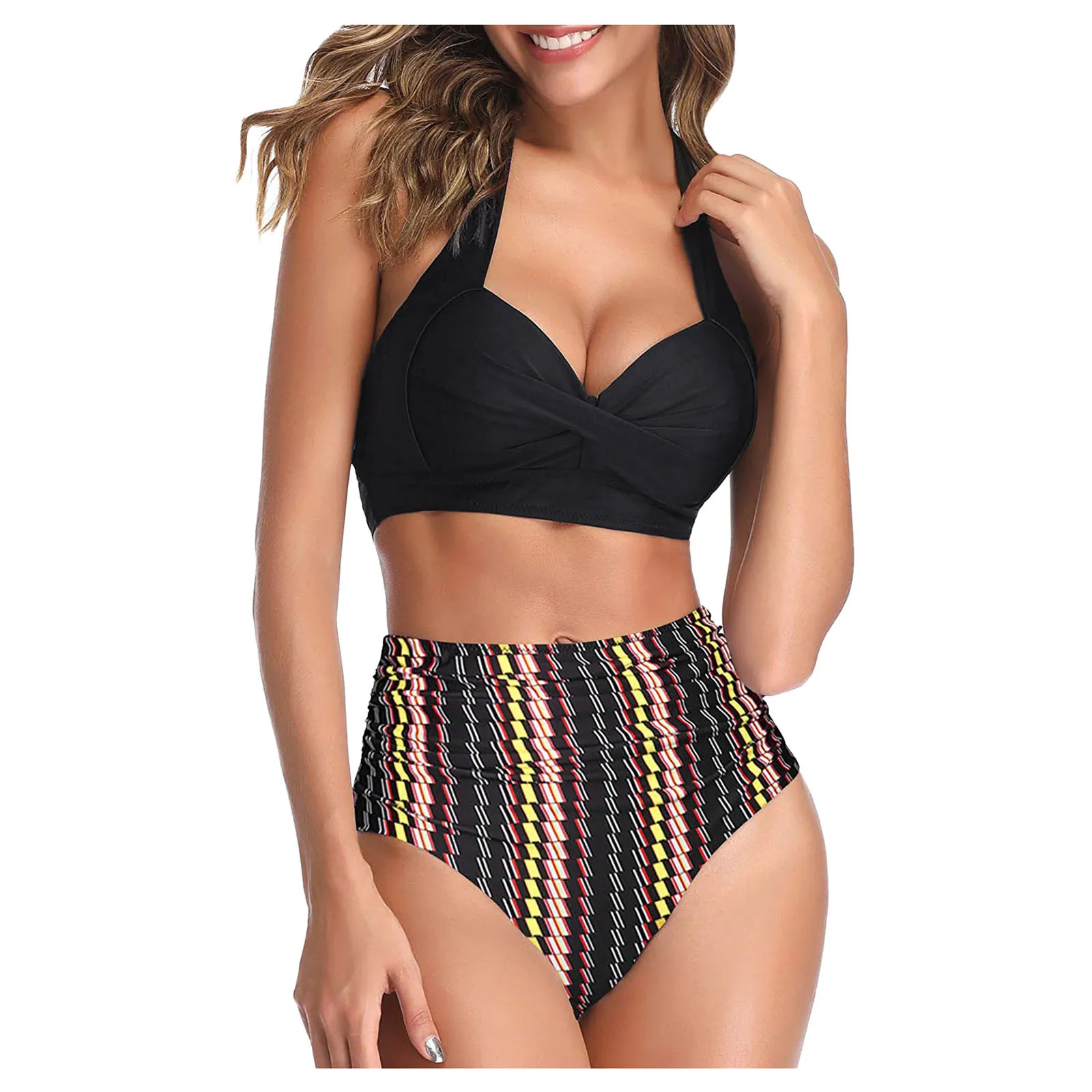 

2021Hot Sale Padded Bra Straps High Waist Swimsuit Vintage Swimsuit Two Piece Retro Halter Ruched High Waist Print Bikini Set #4