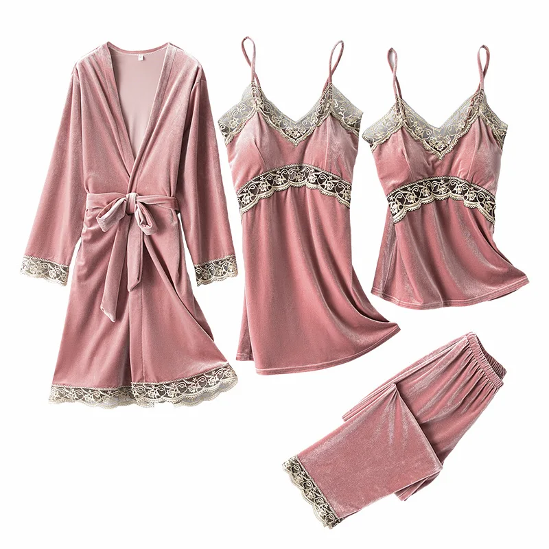 

Autumn Winter Velour Pajamas 4PCS Set Women Hollow Out Sexy Sleepwear Velvet Robe&Suspender Nightgown Sexy Casual Home Clothes