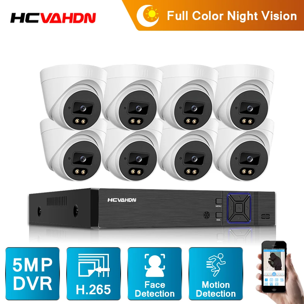 

5MP 4/8pcs Indoor Full Color Night Vision Home Dome Camera H.265 8Channl CCTV Video Security Surveillance DVR System Kit