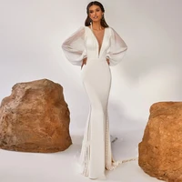 simple satin mermaid wedding dress elegant scoop neck long puffy sleeves lace appliques open back bridal gown for women 2022