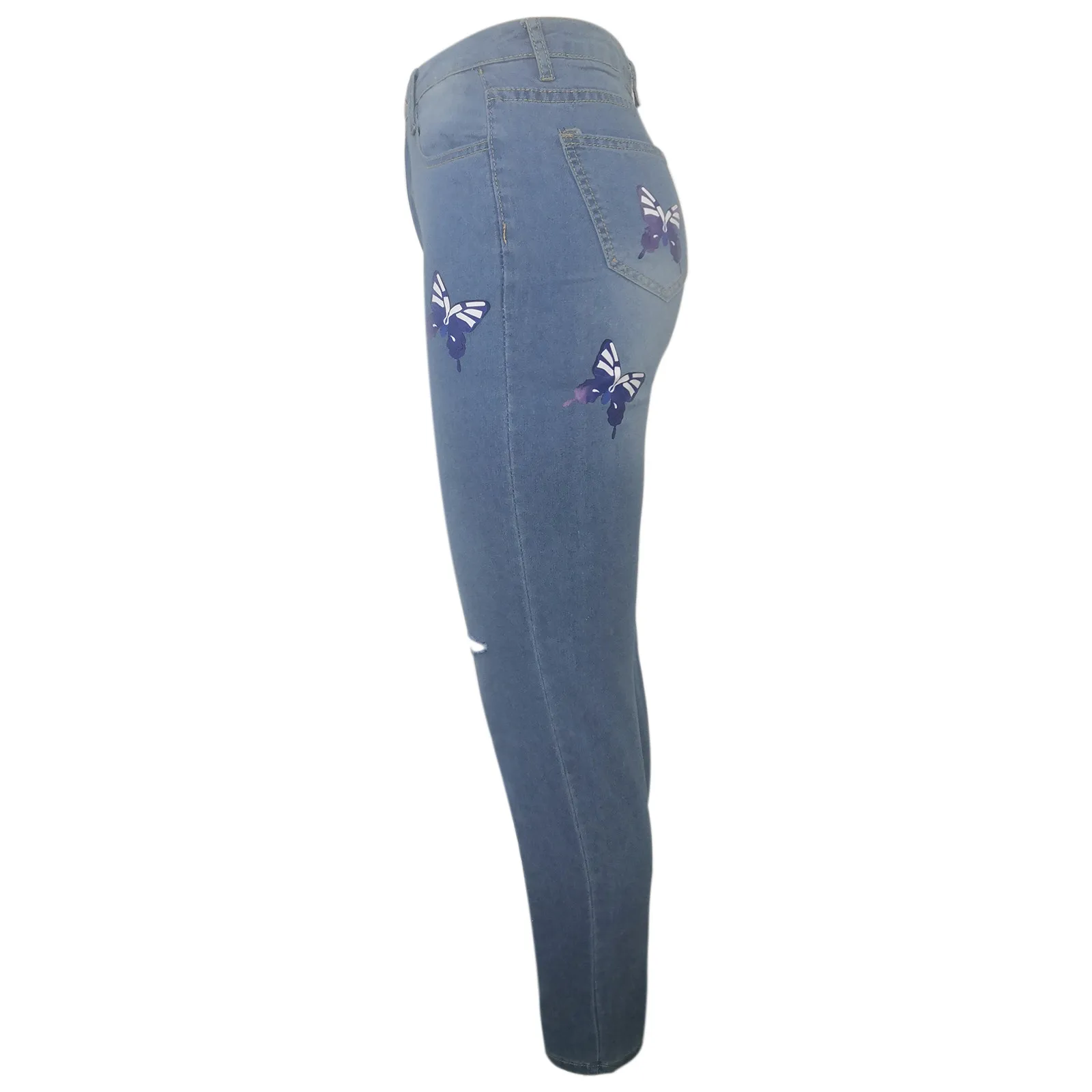 

2021 Fashion Women Denim Pants Butterfly Printing Button High Waist Pocket Jeans Spring Summer Vintage Hole Female Trousers