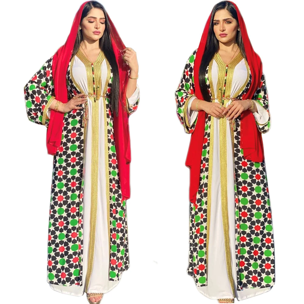 Халат-макси Abaya с принтом для мусульманских женщин, комплект из 2 предметов, открытый кимоно и платье с поясом, Марокканское исламское платье...