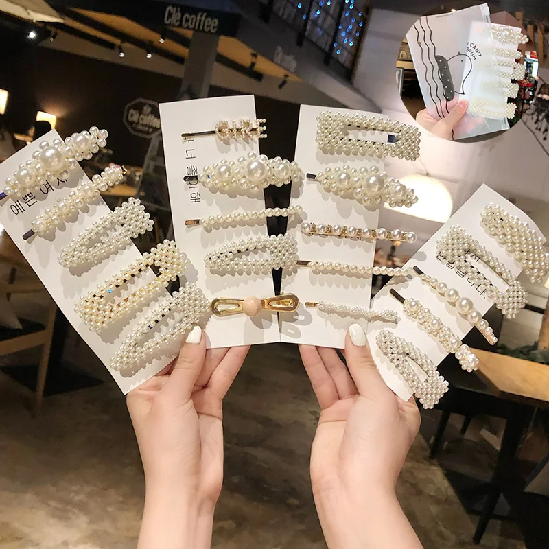 

3/4/5pcs/Set Women Girls Elegant Full Pearls Geometric Hair Clips Sweet Hair Ornament Hairpin Barrette Headband Hair Accessories