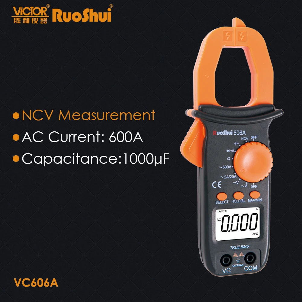 Victor 606A RuoShui цифровой ClampMeter AC мультиметр NCV 2000 отсчетов истинное сопротивление RMS