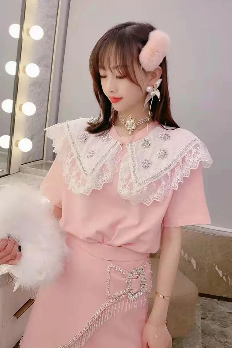 

2021 Summer Sweet Color Beaded Rhinestone on Lace Ruffles Peter Pan Collar T-shirt Women's Short-Sleeved All-matching Top