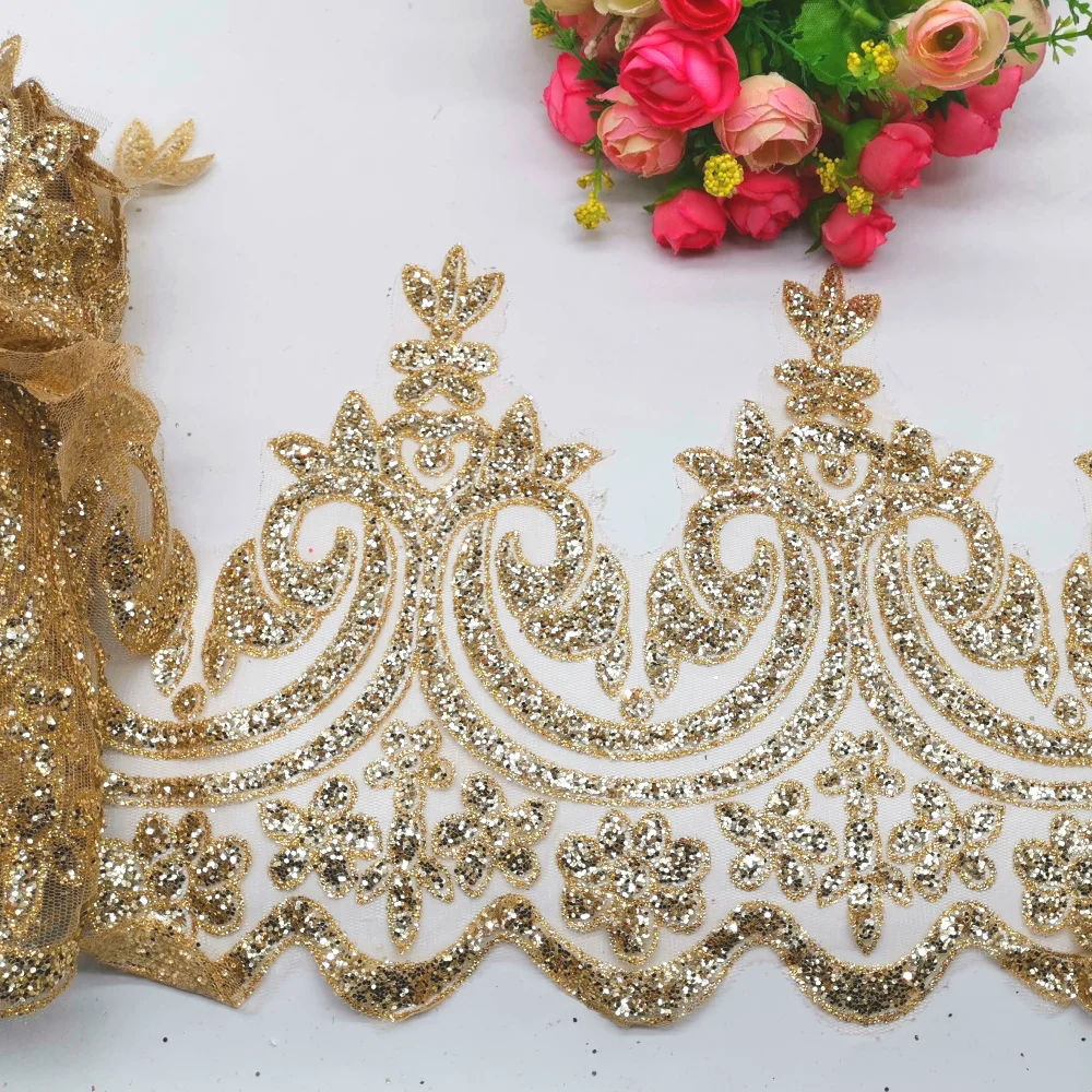 22cm Gold Printing Свадебная кружевная ткань, Свадебное кружево, аппликация, кайма, белая, 1 ярд, 3D цветок, расшитая блестками Ткань для шитья, кружевная отделка - Цвет: 22cm Gold Printing