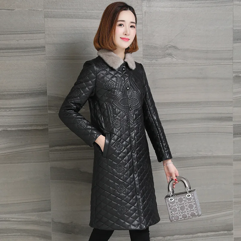 Дизайнерское пальто из натуральной кожи для женщин OL стиль вышивка цветочный