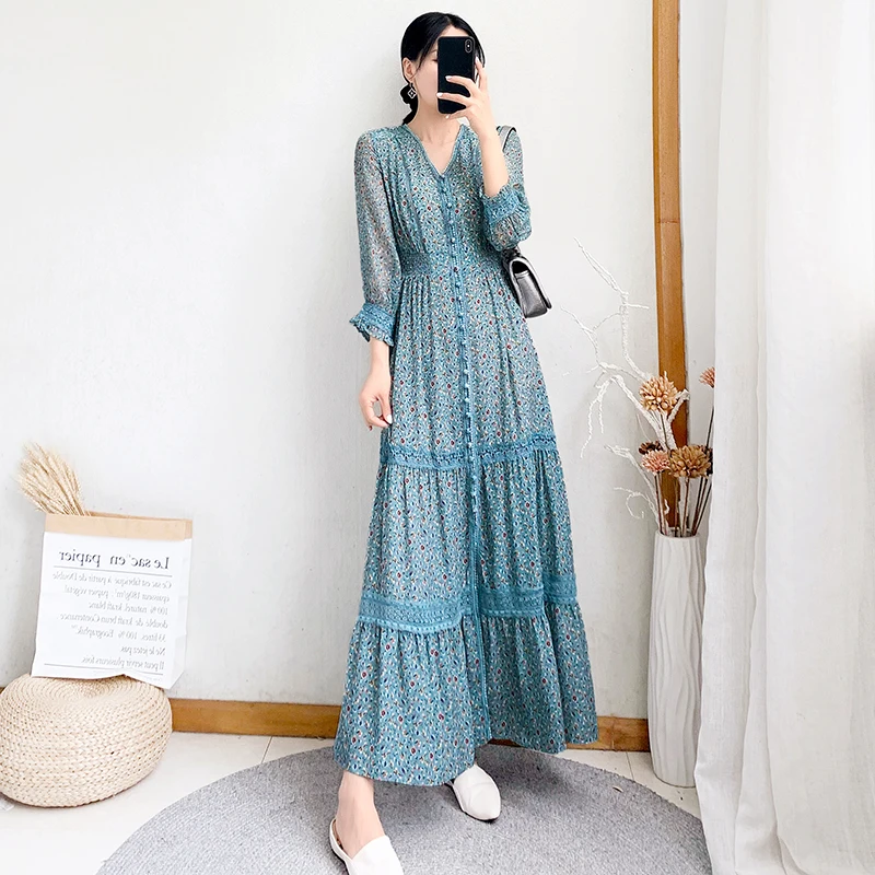 

Женское шифоновое платье в стиле пэчворк, винтажное тонкое длинное платье во французском стиле с цветочным принтом и кружевом, лето 2021