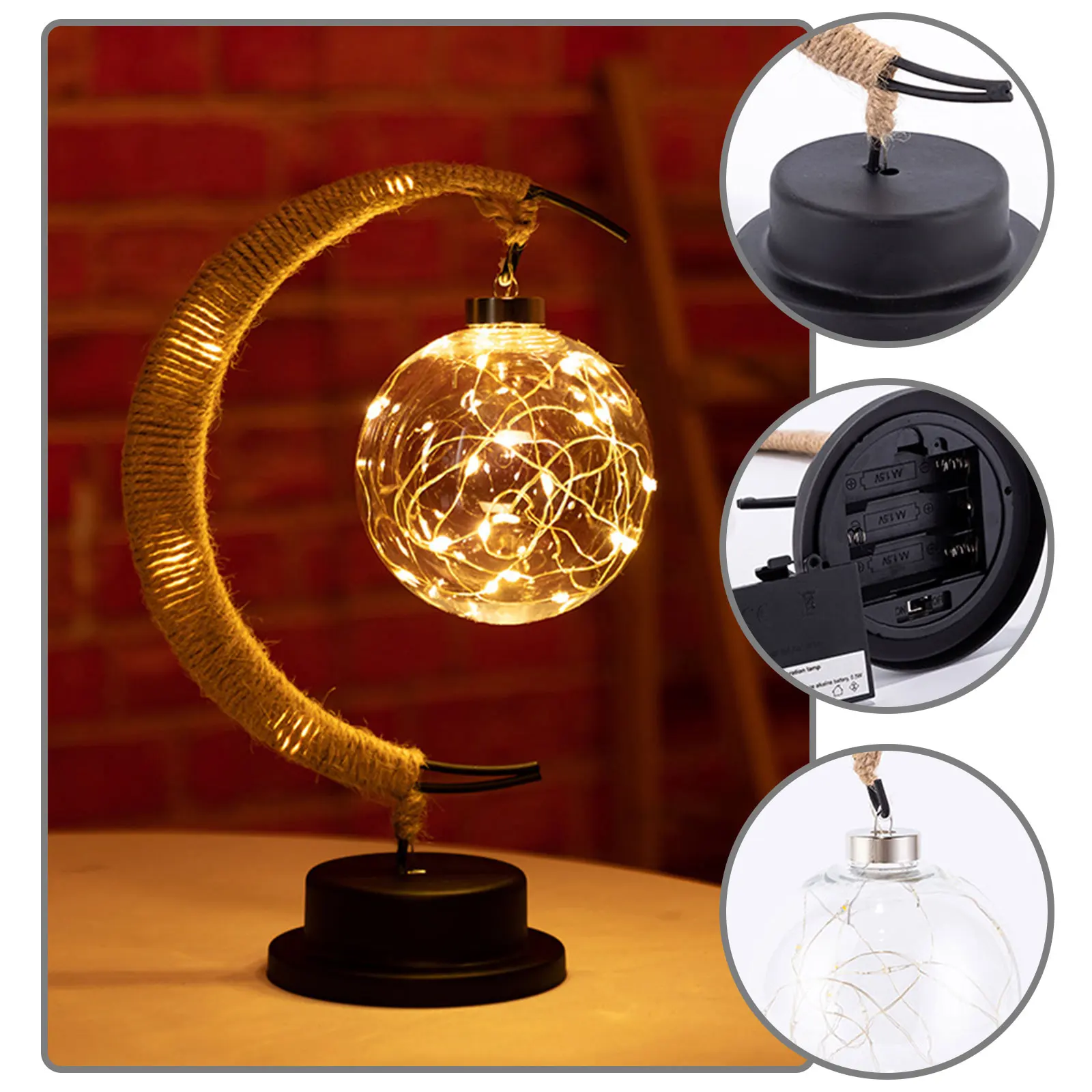 

LED Moon Sepak Takraw Lamp Line Rattan Handmade Hemp Rope Wrought Iron Night Light Home Decoration Sleeping Lantern Bedroom Lamp