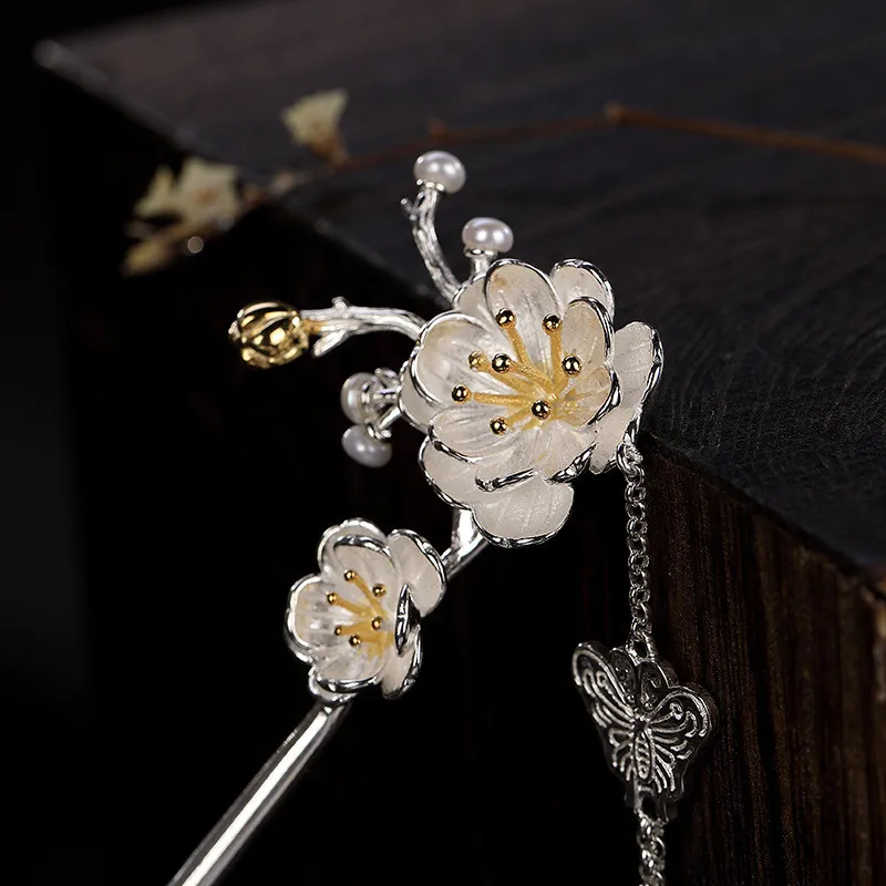 

925 Sterling Silver Hair Sticks Women Pearl Peony Step Shake Flower Chinese Hanfu Hair Accessory Stick Tassel Fine Jewelry