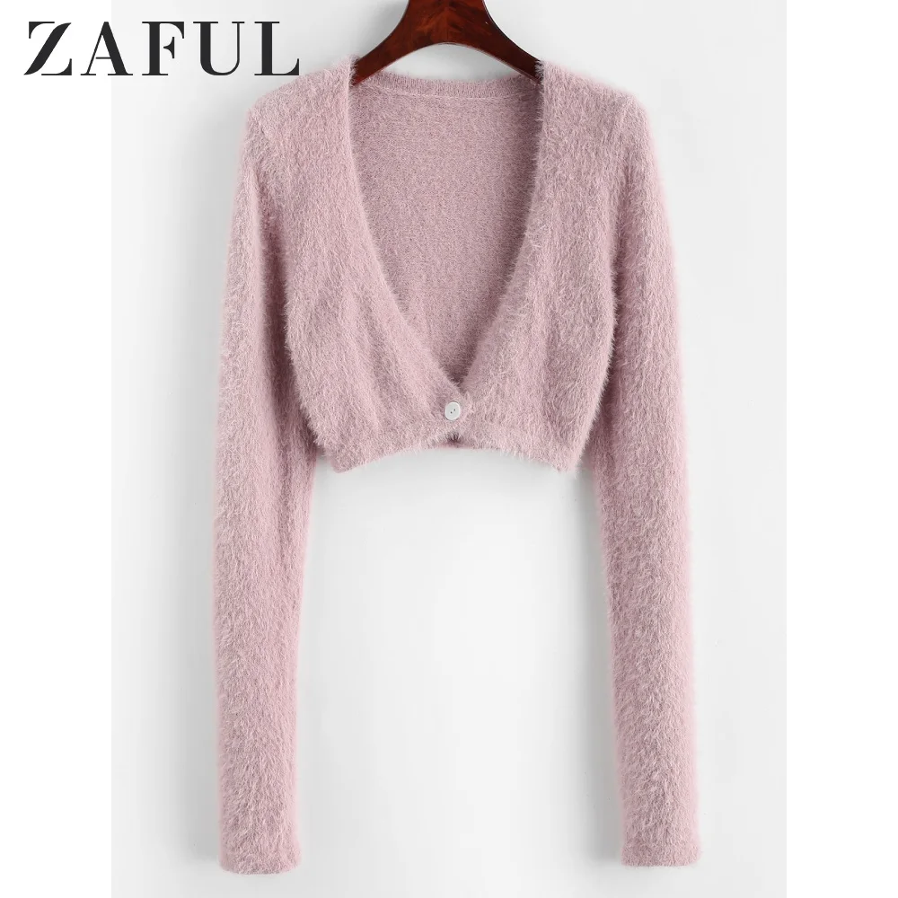 ZAFUL укороченный Пушистый кардиган на одной пуговице однотонный текстурированный