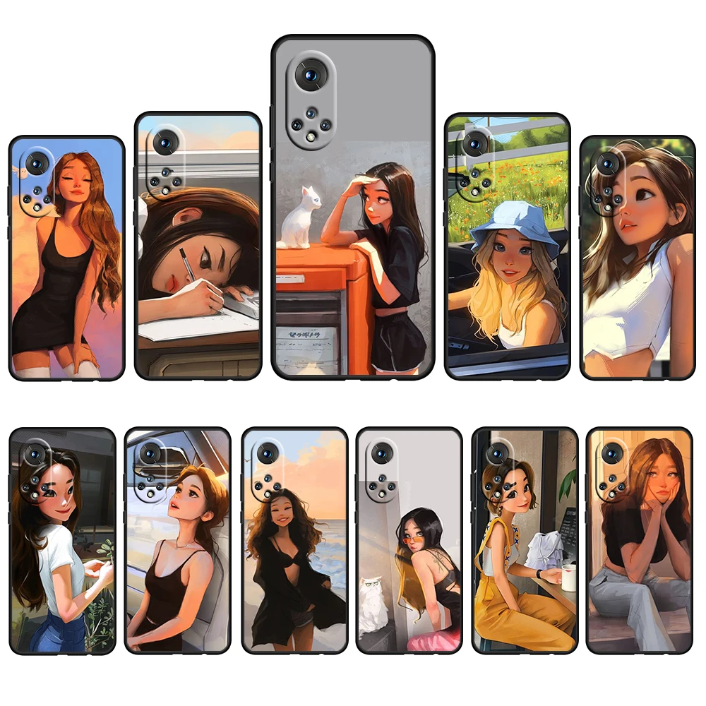 

Cartoon Beauty Girl Painting For Huawei Nova 9 8 7 6 5 4 3 8i 8SE 7SE 6SE 5T 5i 2i Lite2 Pro 4G 5G Soft Black Phone Case Cover
