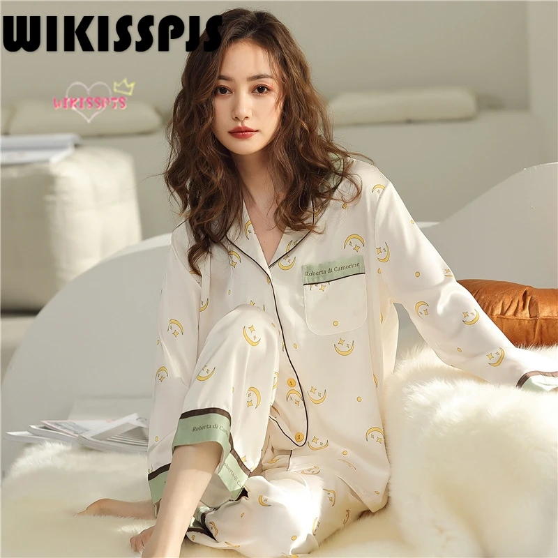 WIKISSPJS  Summer Silk Ice Silk Long Sleeve Housewear  Two Piece Set Summer  Bedroom Set  Sleep Tops  Sleepwear  Loungewear