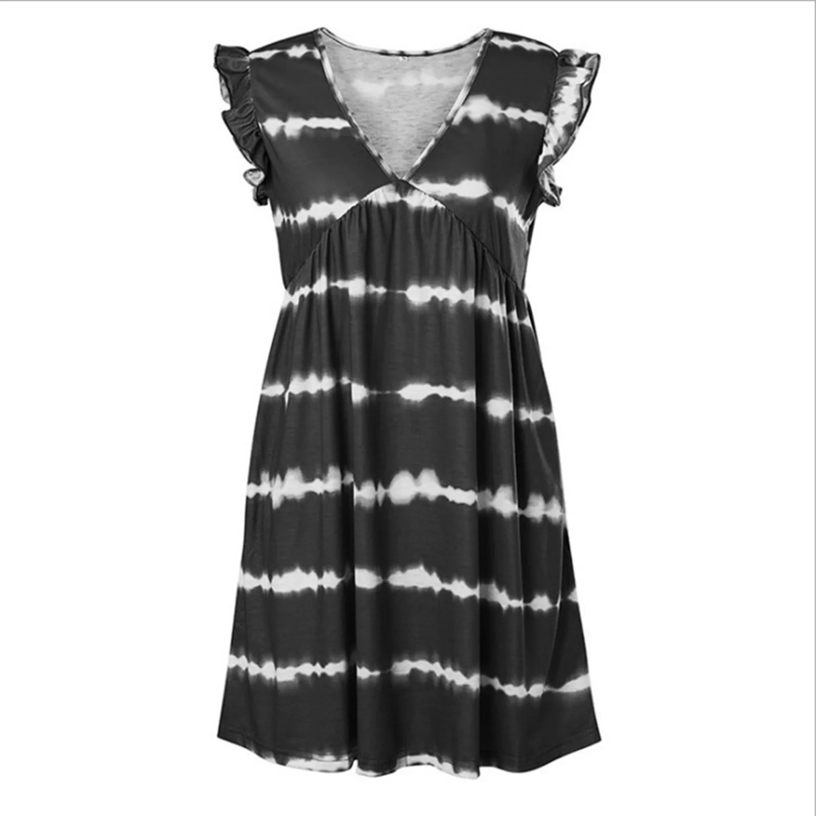

Summer Fashion Women Dress Bohemia Casual Ruffles Butterfly Sleeve Ladies V-Neck Striped Printing Draped A-Line Mini Dress