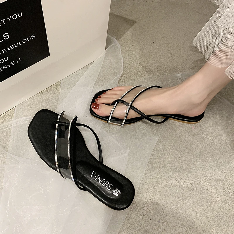 

Low Shoes Ladies' Slippers Glitter Slides Slipers Women Transparent Heel Jelly 2021 Flat Rome Rubber Crystal PU Shoes Transparen