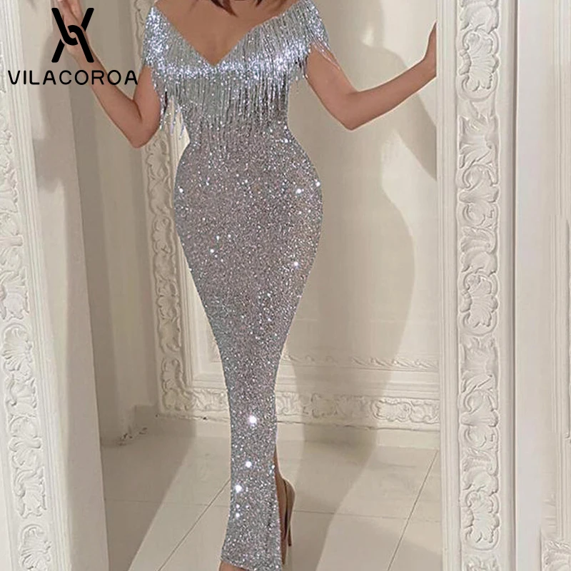 Сексуальная блестящая кисточка вечерние платья для женщин Vestidos v-образным вырезом шаль рукав Империя длинное платье карандаш Sukienki Серебряное платье с открытыми плечами