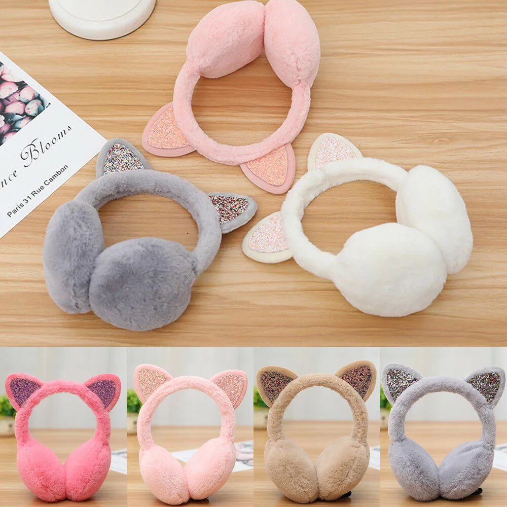 

Orejeras calentadoras de piel para mujer y niña, orejeras con lentejuelas brillantes, diadema suave y esponjosa, para invierno