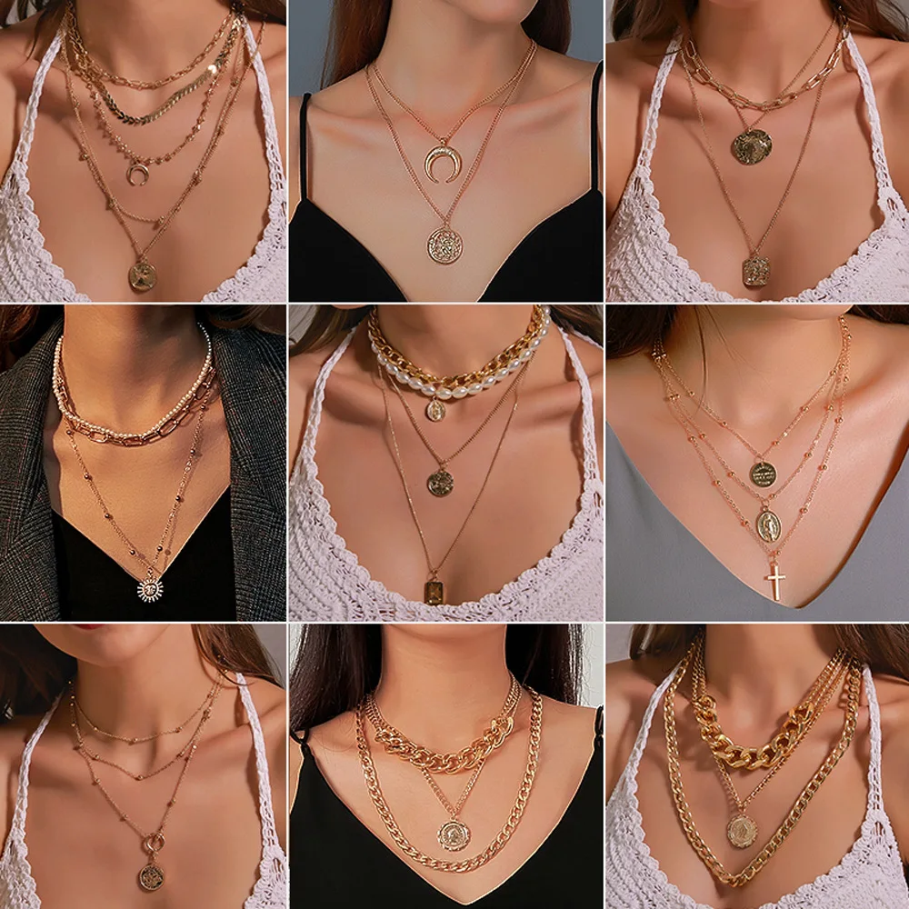

New Gold Vintage Multi-layer Portrait Pearl Necklace Fashion Retro Exaggerated Pendant Clavicle Chain Female Party Jewelry Gift
