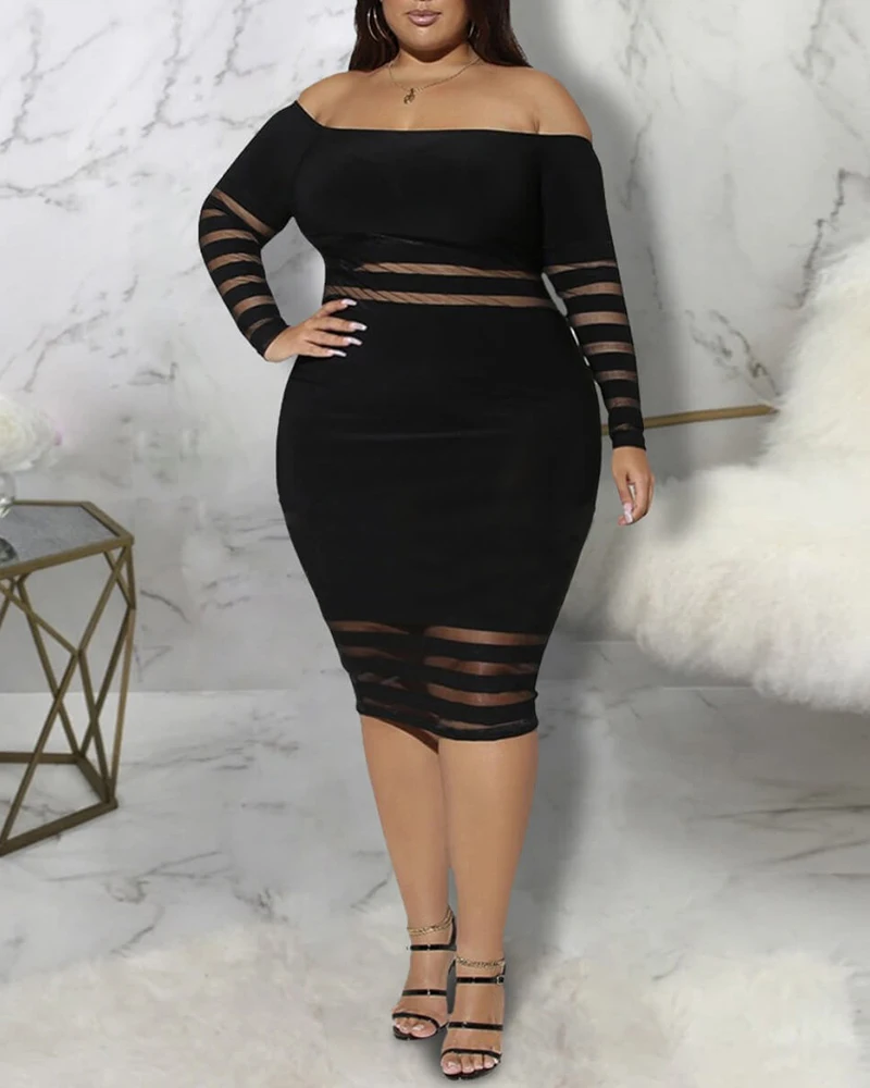 

Spring Autumn Women's Solid Plus Size Bodycon Dress 2021 New Sexy Femme Plain Off Shoulder Long Sleeve Sheer Mesh Midi Dress