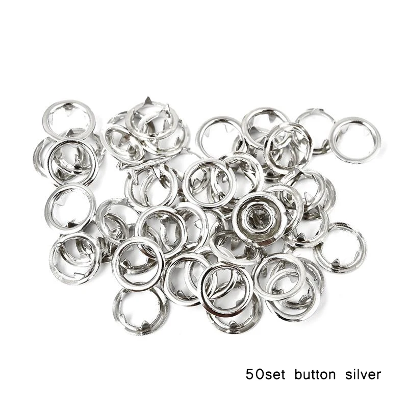50set button silver Плоскогубцы инструмент+ 9,5 мм металлический штырь кнопки-50/100 комплекты зажимы Пресс заклепки Poppers детских ползунков Пряжка швейная машина инструмент - Цвет: 50set button silver
