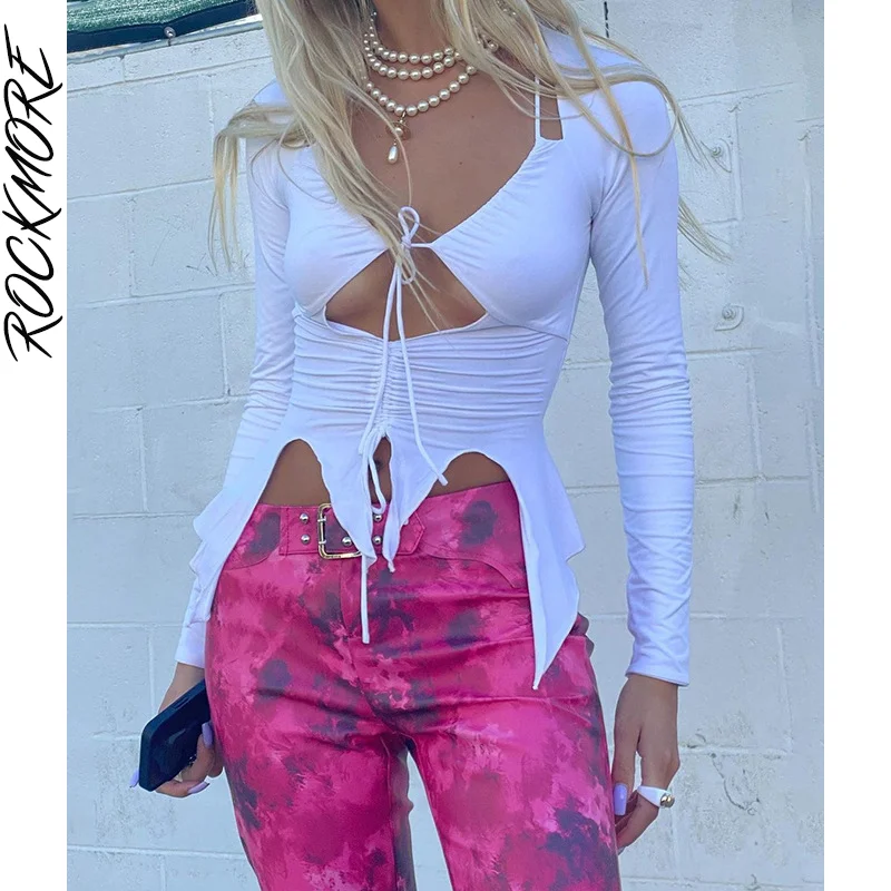 

Rockmore Sexy Hollow Out Crop Top Y2K Chic Long Sleeve T-Shirt Casual Solid Streetwear Fashion Lady Slim V Neck Basic Tee Shirts