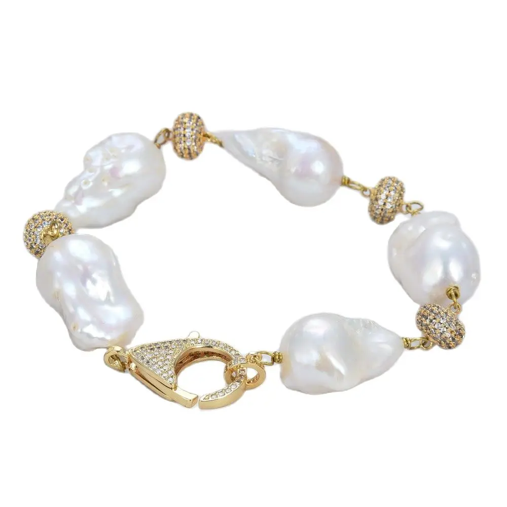 

GG Jewelry Natural Pearl Classic 8" Freshwater White Baroque Keshi Pearl Bracelet CZ pave Beads Connectors Women Fashion Jewelry