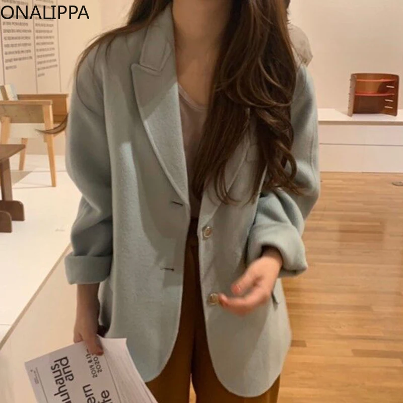 

Женская куртка ONALIPPA корейский шикарный нежный темпераментный мятно-зеленый отбеливающий однобортный Свободный Повседневный короткий шер...